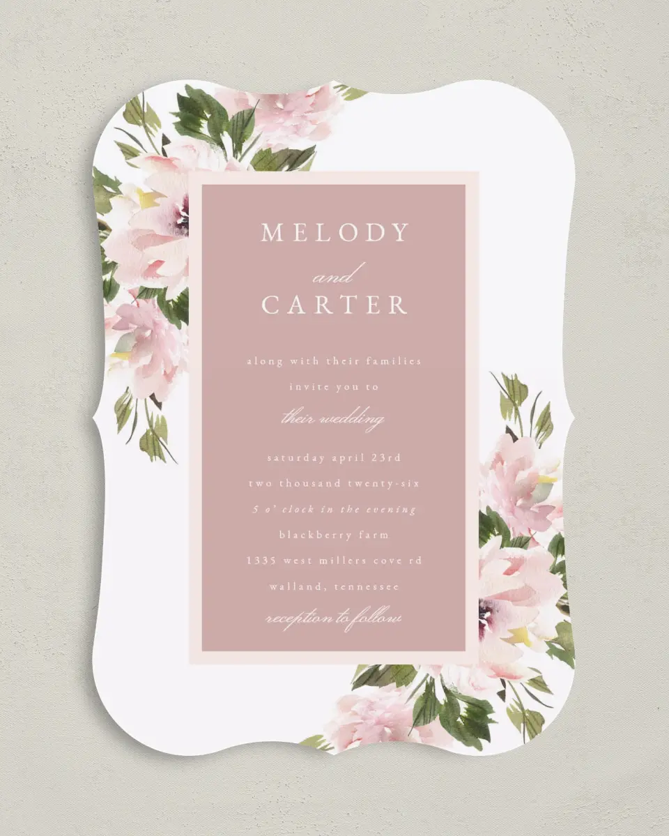 This is a 5" x 7" Bracket Wedding Invitation called Sweet Floral printed in full color on Premium Smooth paper