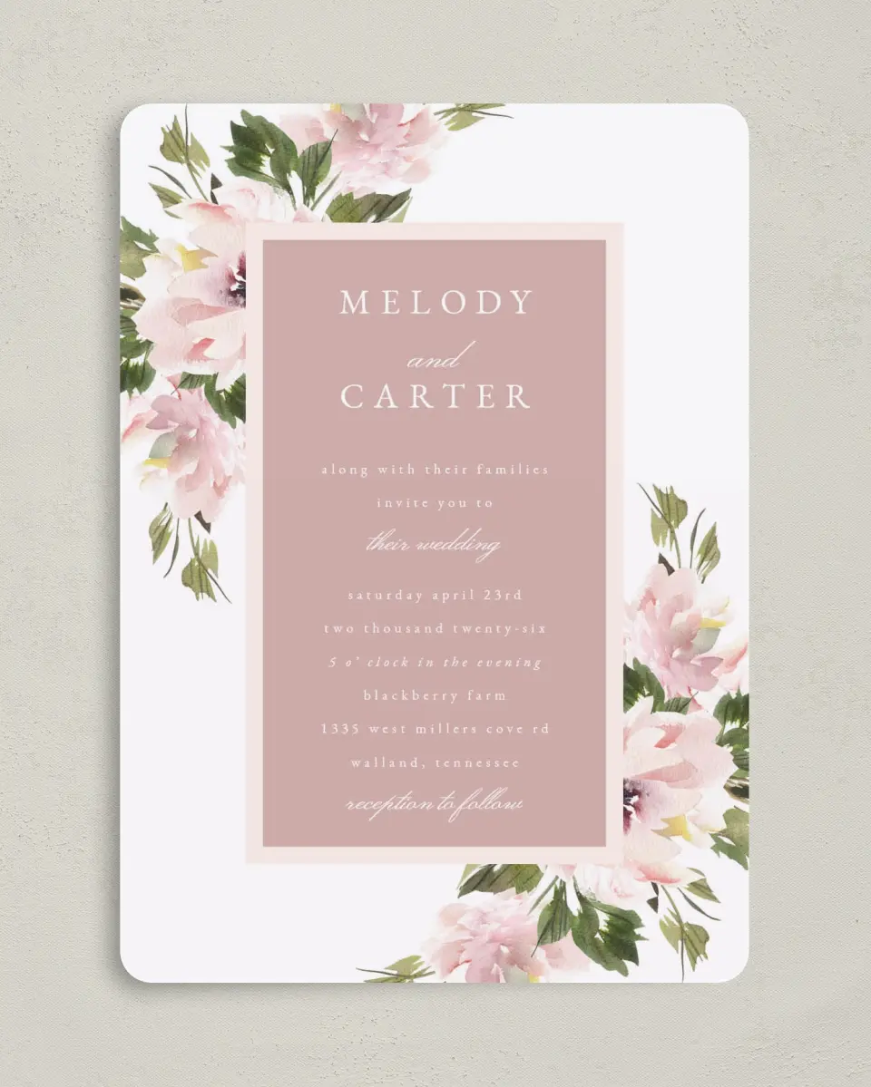 This is a 5" x 7" Rounded Wedding Invitation called Sweet Floral printed in full color on Premium Smooth paper