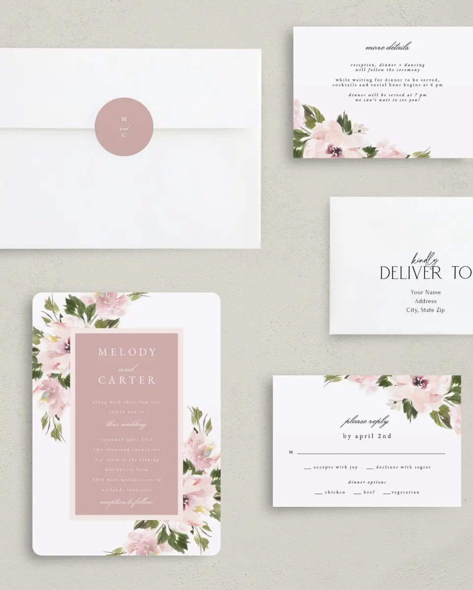 This is a 5" x 7" Rounded Wedding Invitation called Sweet Floral printed in full color on Premium Smooth paper