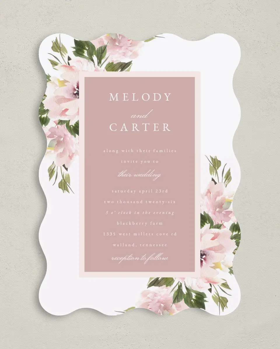 This is a 5" x 7" Wavy Wedding Invitation called Sweet Floral printed in full color on Premium Smooth paper