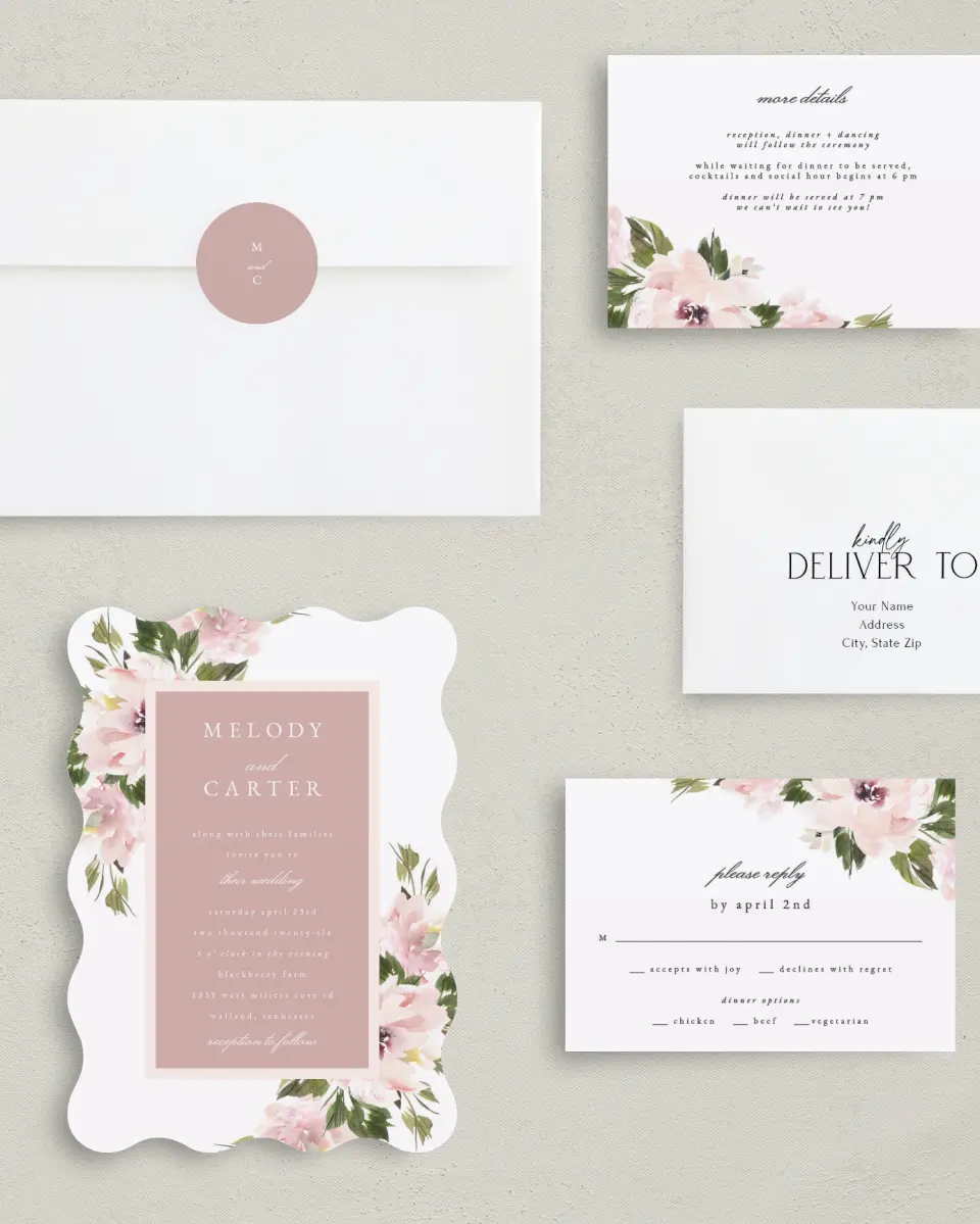 This is a 5" x 7" Wavy Wedding Invitation called Sweet Floral printed in full color on Premium Smooth paper
