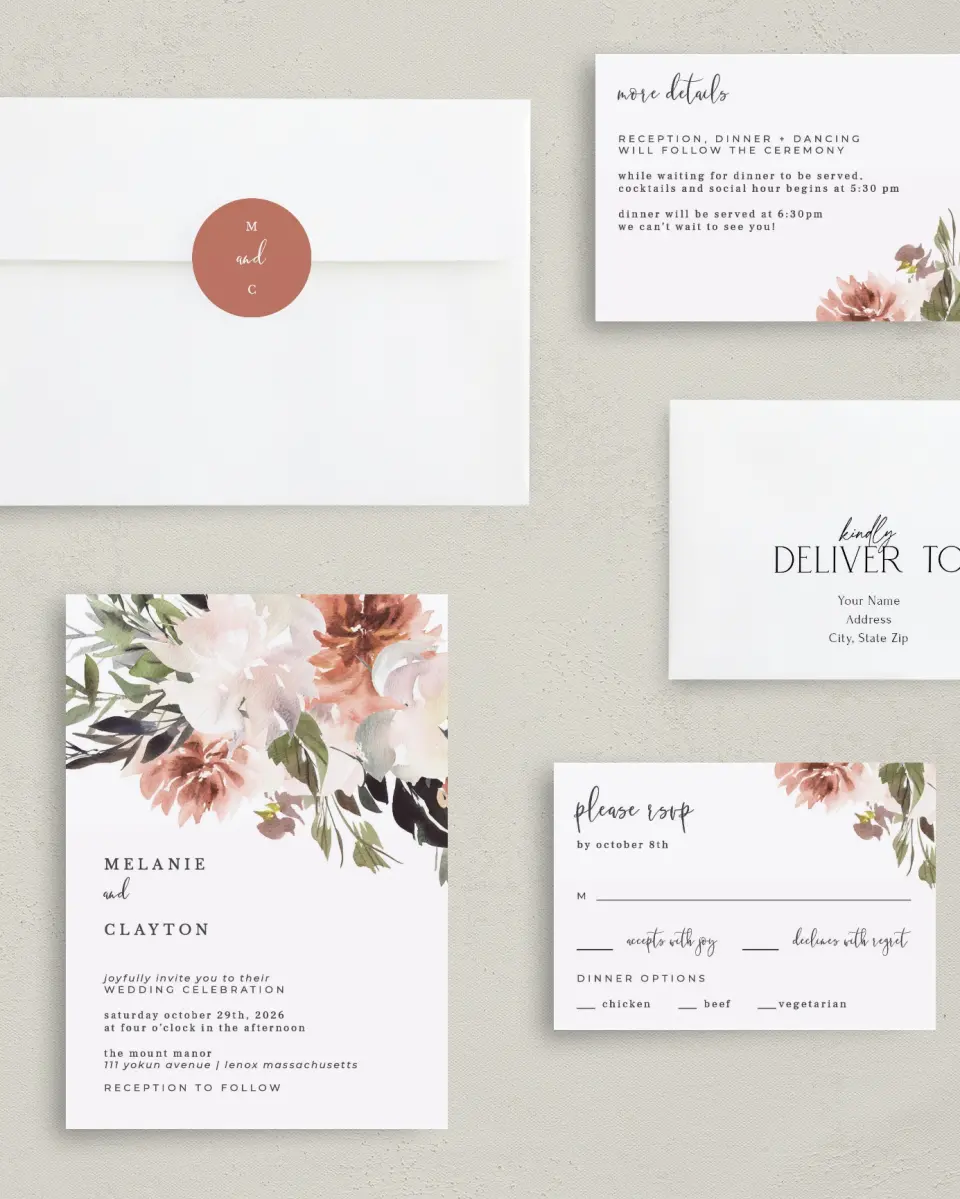 This is a 5" x 7" Classic Wedding Invitation called Natural Love printed in full color with Gold foil on Luxe Satin (coated) paper
