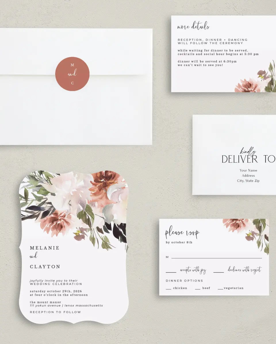This is a 5" x 7" Bracket Wedding Invitation called Natural Love printed in full color with Silver foil on Luxe Satin (coated) paper