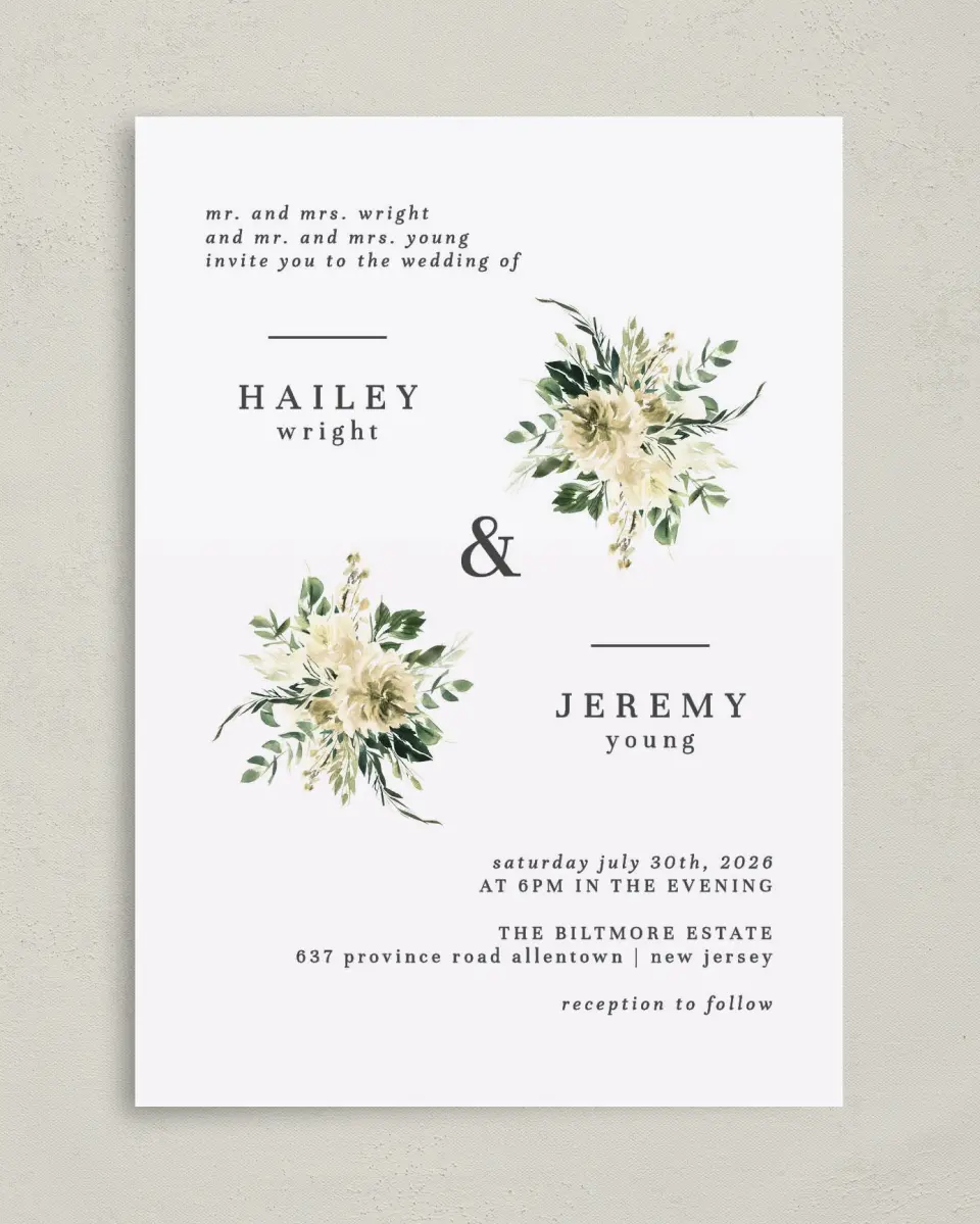 This is a 5" x 7" Classic Wedding Invitation called Honest Bouquet printed in full color on Premium Smooth paper