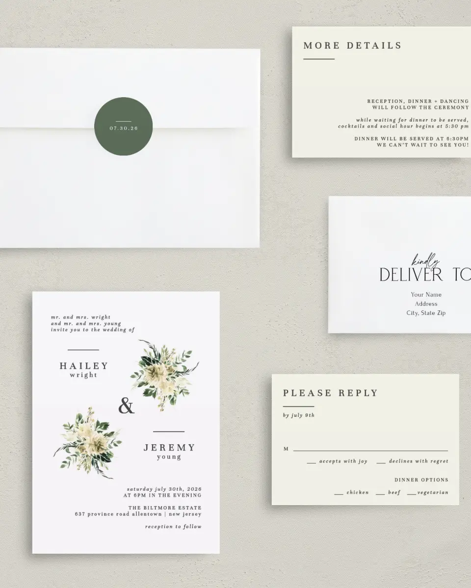 This is a 5" x 7" Classic Wedding Invitation called Honest Bouquet printed in full color with Gold foil on Luxe Satin (coated) paper