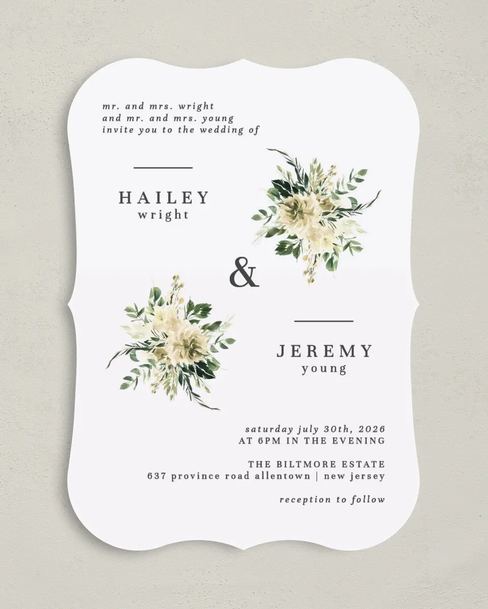 This is a 5" x 7" Bracket Wedding Invitation called Honest Bouquet printed in full color on Premium Smooth paper
