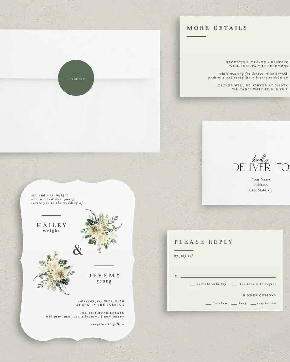 This is a 5" x 7" Bracket Wedding Invitation called Honest Bouquet printed in full color with Silver foil on Luxe Satin (coated) paper