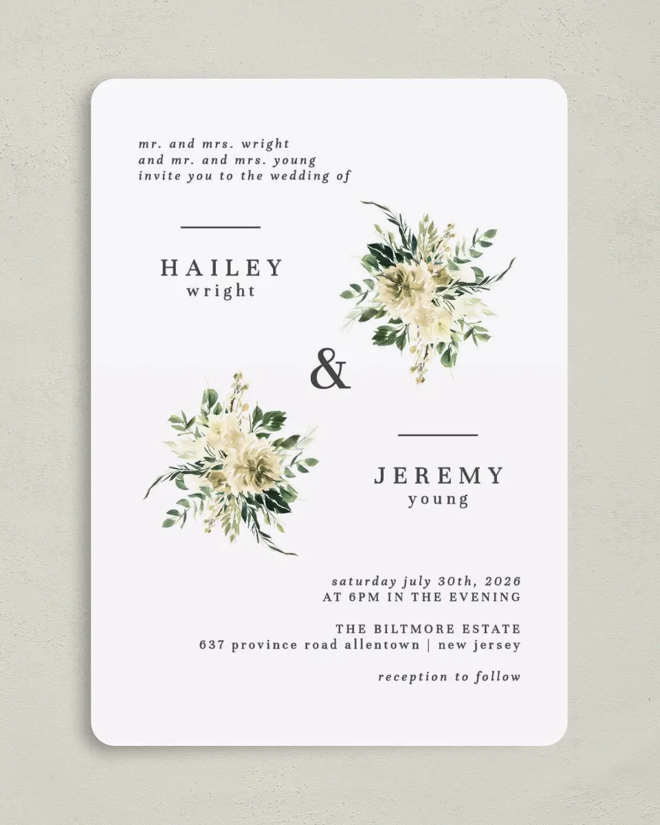 This is a 5" x 7" Rounded Wedding Invitation called Honest Bouquet printed in full color on Premium Smooth paper