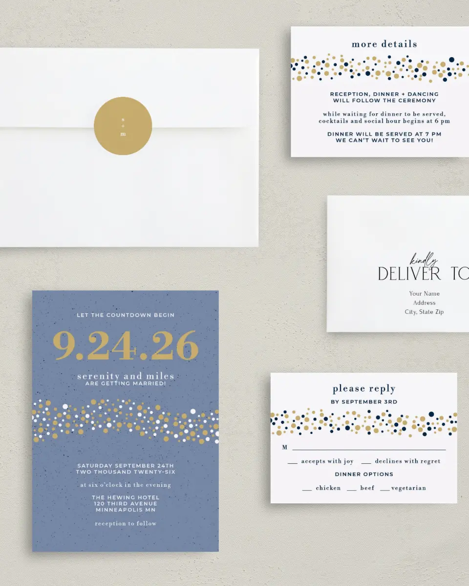 This is a 5" x 7" Classic Wedding Invitation called Modern Countdown printed in full color with Gold foil on Luxe Satin (coated) paper