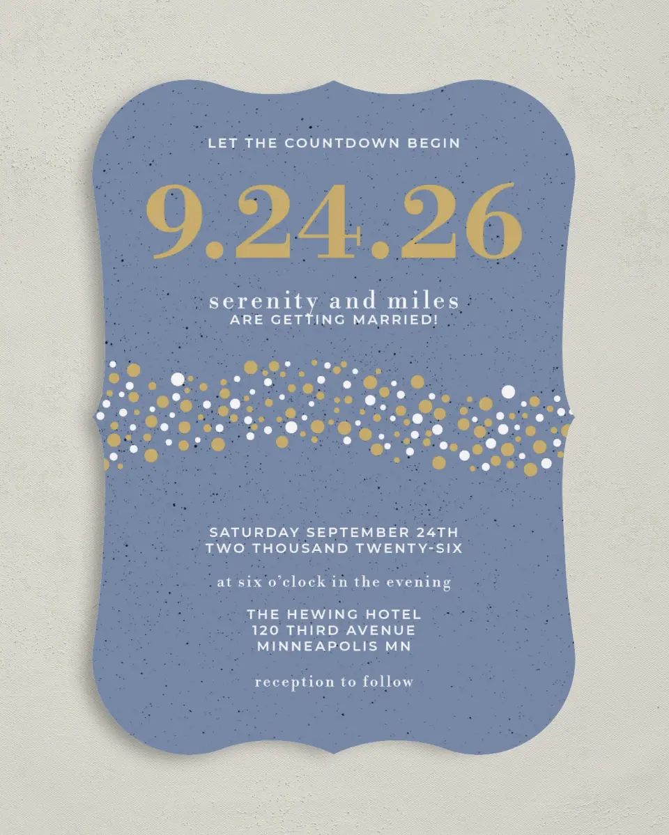 This is a 5" x 7" Bracket Wedding Invitation called Modern Countdown printed in full color with Silver foil on Luxe Satin (coated) paper