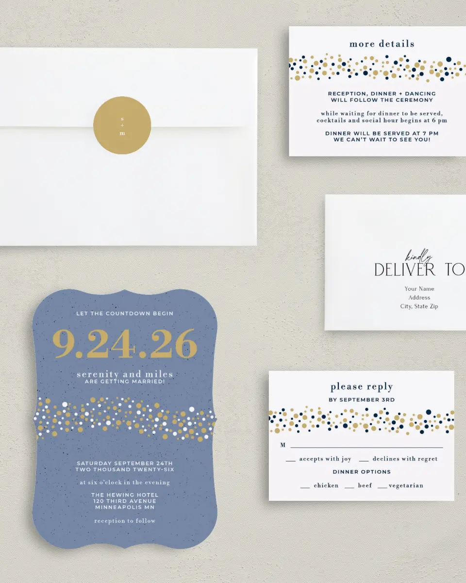This is a 5" x 7" Bracket Wedding Invitation called Modern Countdown printed in full color with Silver foil on Luxe Satin (coated) paper