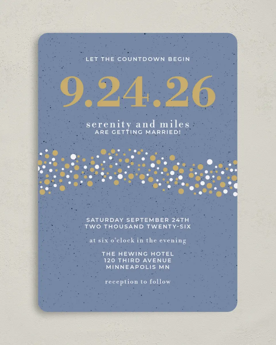 This is a 5" x 7" Rounded Wedding Invitation called Modern Countdown printed in full color on Premium Smooth paper