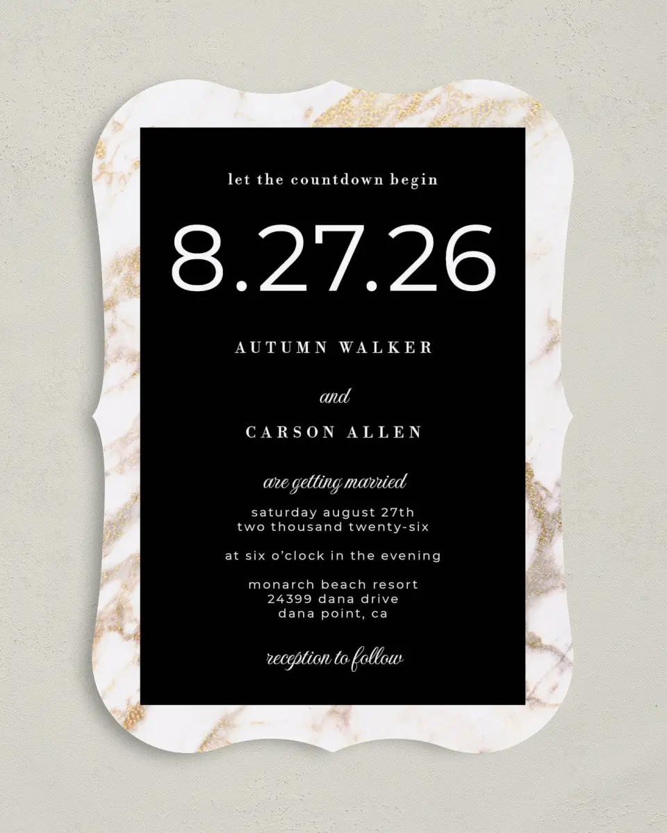 This is a 5" x 7" Bracket Wedding Invitation called Classic Count printed in full color with Silver foil on Luxe Satin (coated) paper