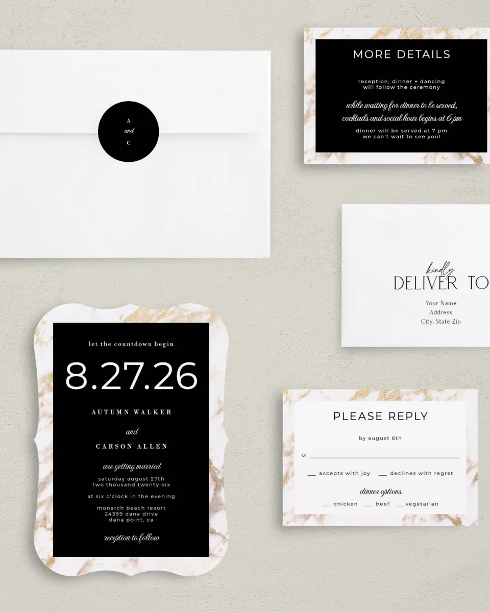 This is a 5" x 7" Bracket Wedding Invitation called Classic Count printed in full color with Silver foil on Luxe Satin (coated) paper