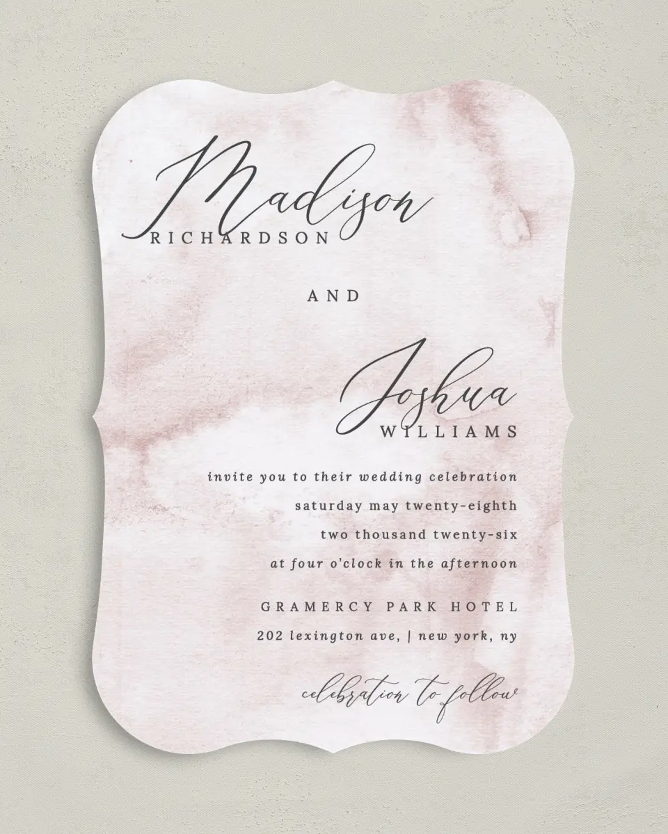 This is a 5" x 7" Bracket Wedding Invitation called Gentle Touch printed in full color with Silver foil on Luxe Satin (coated) paper