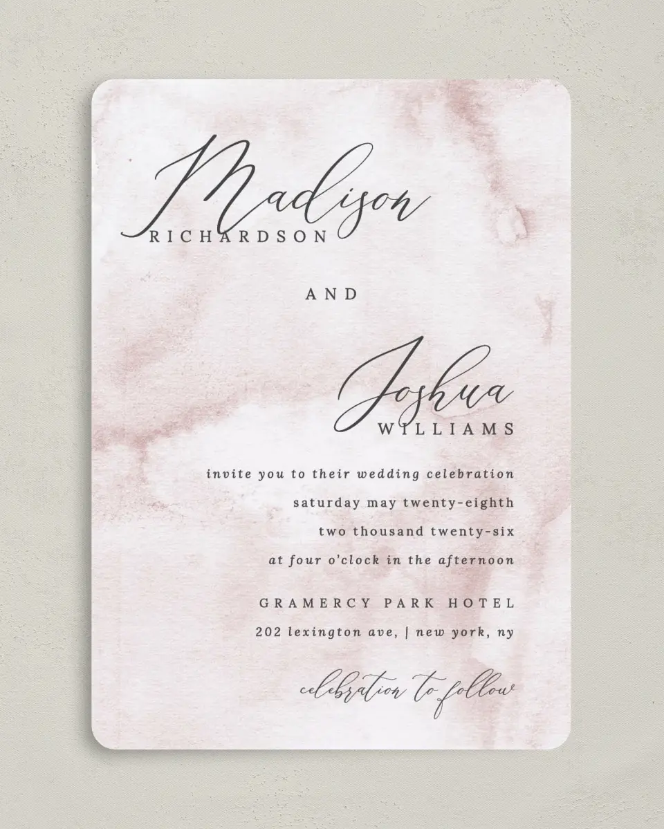 This is a 5" x 7" Rounded Wedding Invitation called Gentle Touch printed in full color on Premium Smooth paper