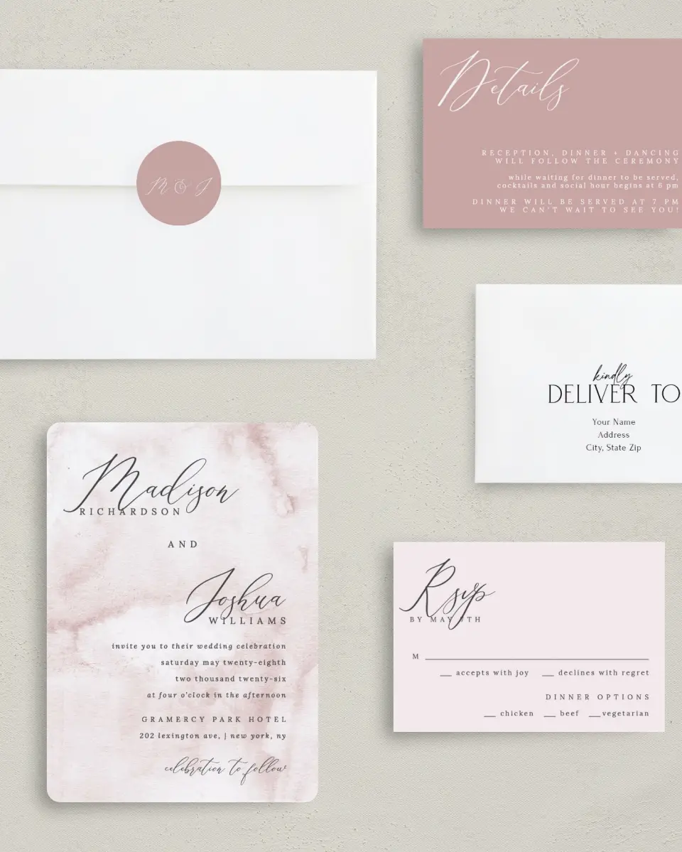 This is a 5" x 7" Rounded Wedding Invitation called Gentle Touch printed in full color with Rose Gold foil on Luxe Satin (coated) paper