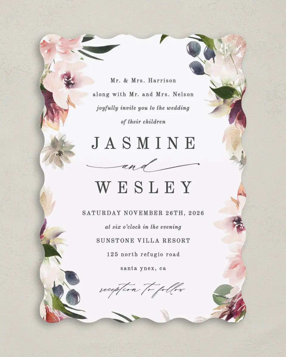 This is a 5" x 7" Wavy Wedding Invitation called Natural Floral printed in full color on Premium Smooth paper