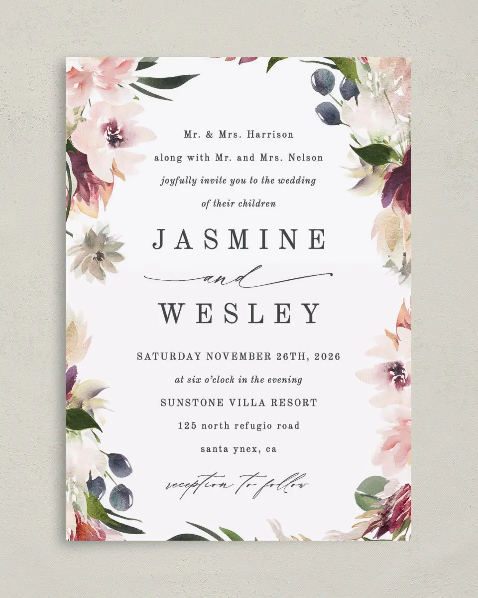 This is a 5" x 7" Classic Wedding Invitation called Natural Floral printed in full color on Premium Smooth paper
