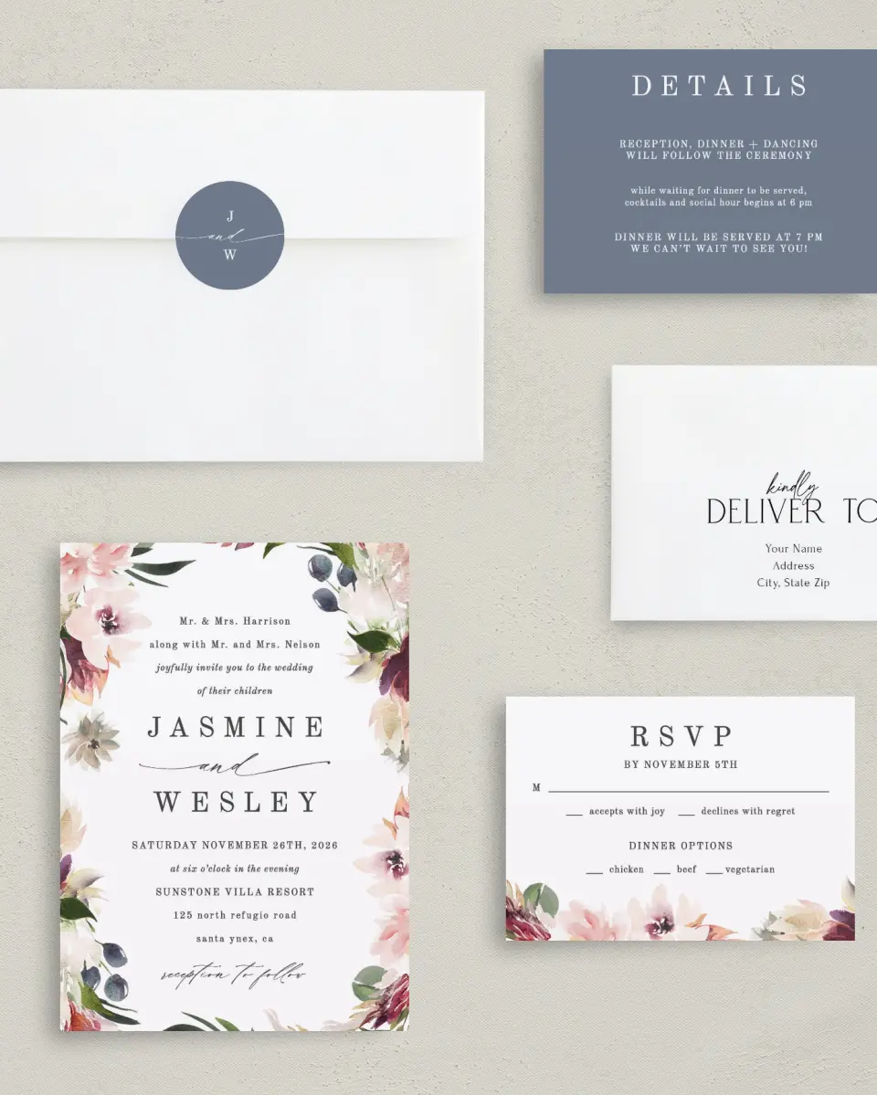This is a 5" x 7" Classic Wedding Invitation called Natural Floral printed in full color with Gold foil on Luxe Satin (coated) paper