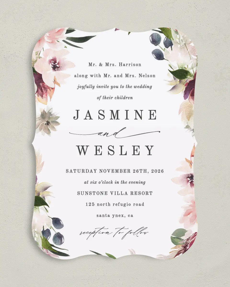 This is a 5" x 7" Bracket Wedding Invitation called Natural Floral printed in full color on Premium Smooth paper