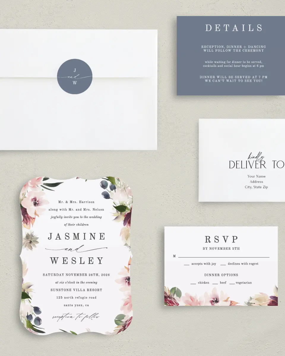 This is a 5" x 7" Bracket Wedding Invitation called Natural Floral printed in full color with Silver foil on Luxe Satin (coated) paper