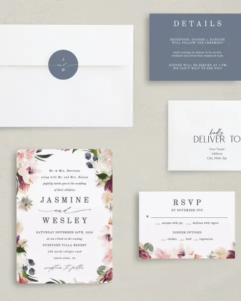 This is a 5" x 7" Rounded Wedding Invitation called Natural Floral printed in full color on Premium Smooth paper