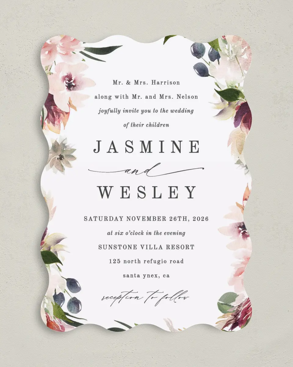 This is a 5" x 7" Wavy Wedding Invitation called Natural Floral printed in full color on Premium Smooth paper