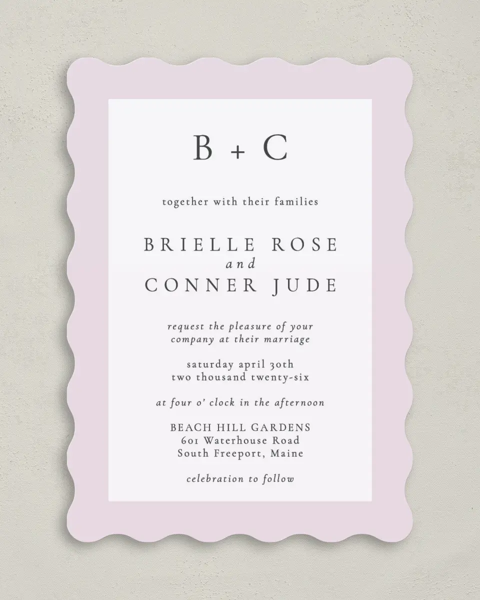 This is a 5" x 7" Wavy Wedding Invitation called Modest Moment printed in full color on Premium Smooth paper