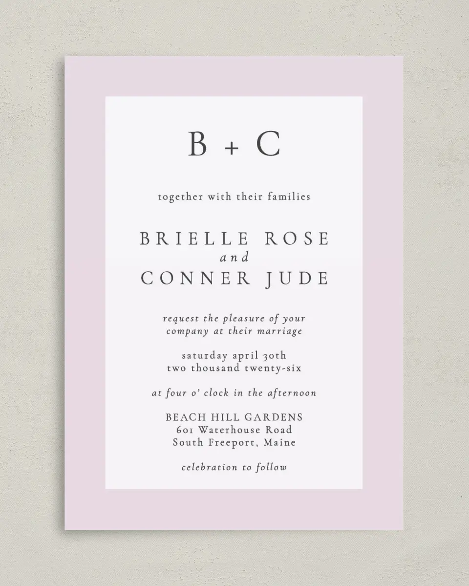 This is a 5" x 7" Classic Wedding Invitation called Modest Moment printed in full color with Gold foil on Luxe Satin (coated) paper