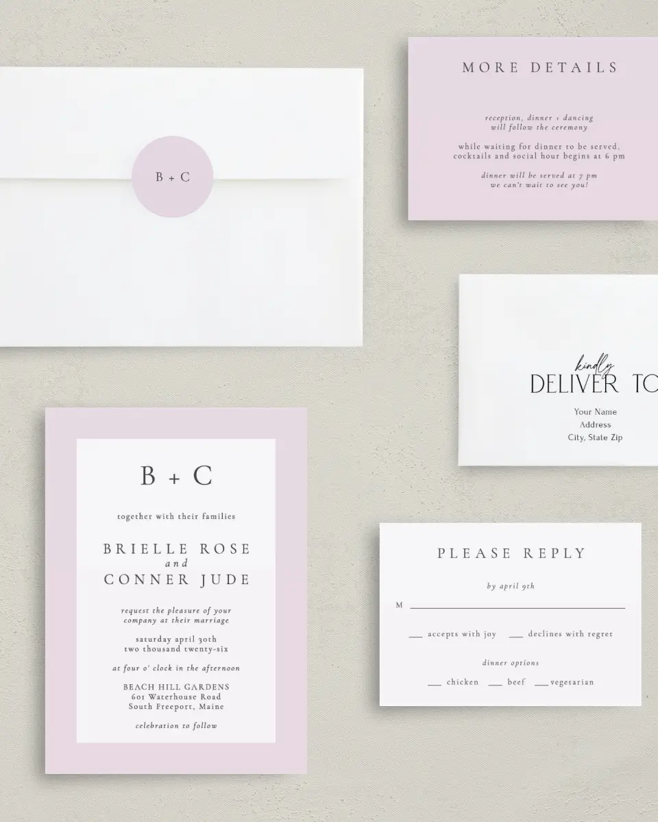 This is a 5" x 7" Classic Wedding Invitation called Modest Moment printed in full color with Gold foil on Luxe Satin (coated) paper
