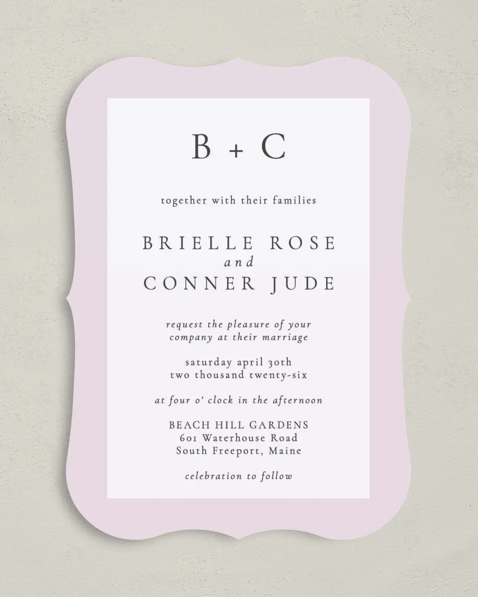 This is a 5" x 7" Bracket Wedding Invitation called Modest Moment printed in full color with Silver foil on Luxe Satin (coated) paper