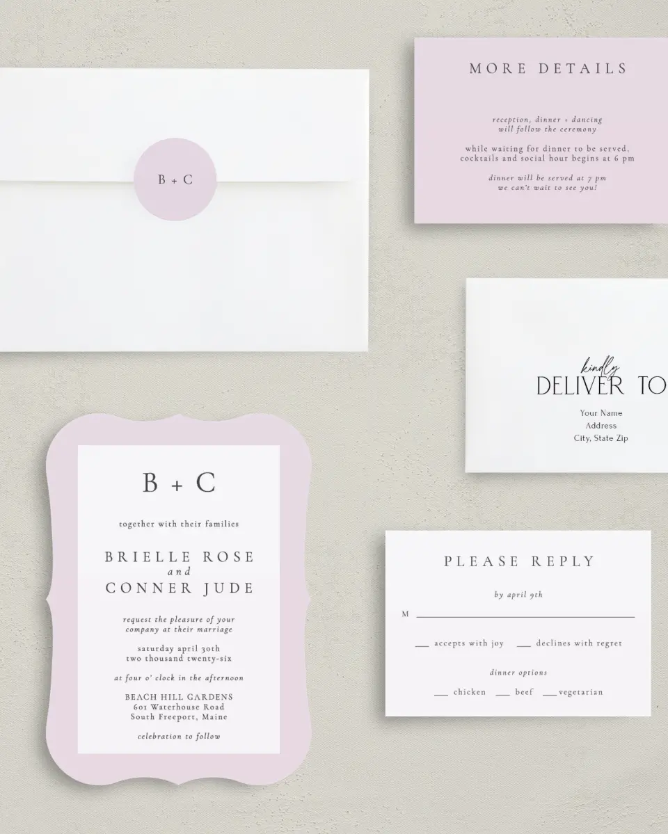 This is a 5" x 7" Bracket Wedding Invitation called Modest Moment printed in full color with Silver foil on Luxe Satin (coated) paper