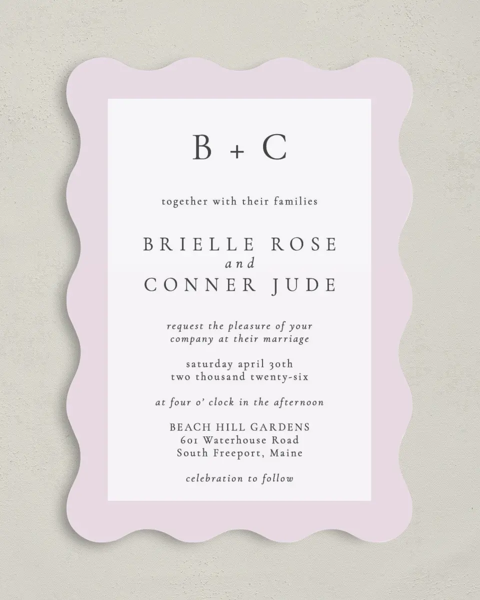 This is a 5" x 7" Wavy Wedding Invitation called Modest Moment printed in full color on Premium Smooth paper
