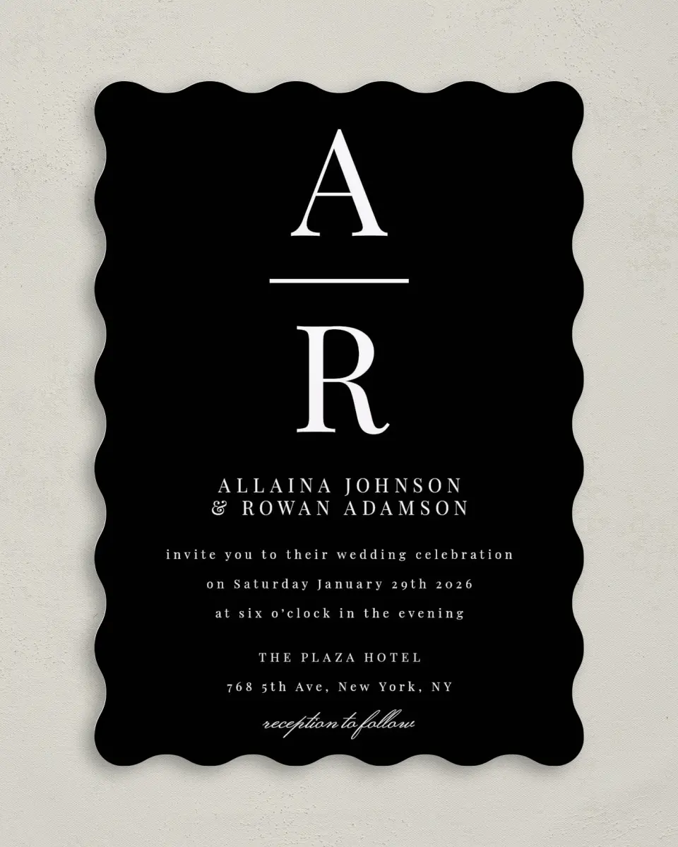 This is a 5" x 7" Wavy Wedding Invitation called Pure Devotion printed in full color on Premium Smooth paper