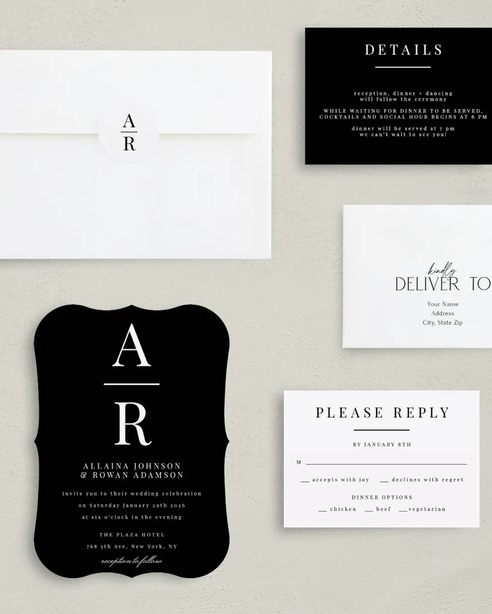 This is a 5" x 7" Bracket Wedding Invitation called Pure Devotion printed in full color with Silver foil on Luxe Satin (coated) paper