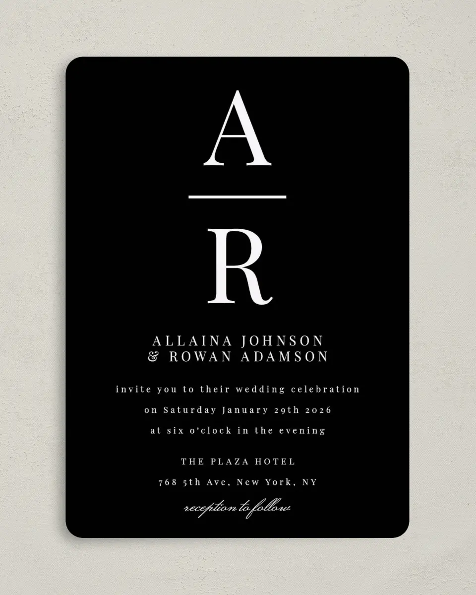 This is a 5" x 7" Rounded Wedding Invitation called Pure Devotion printed in full color on Premium Smooth paper