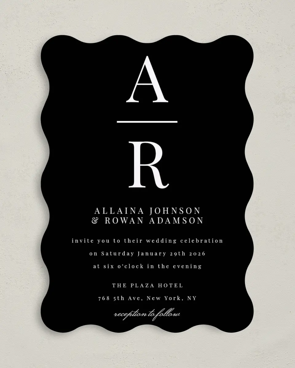 This is a 5" x 7" Wavy Wedding Invitation called Pure Devotion printed in full color on Premium Smooth paper