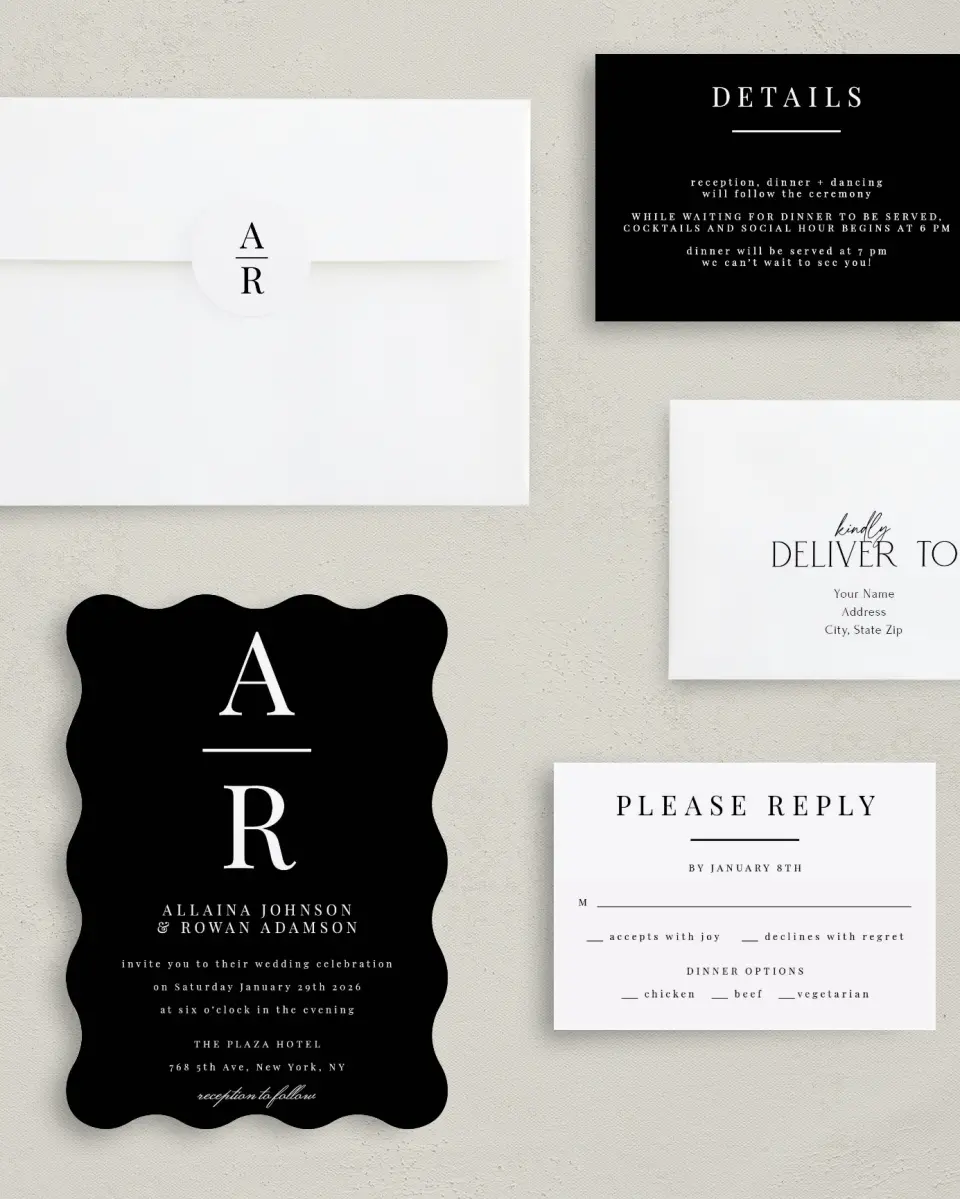 This is a 5" x 7" Wavy Wedding Invitation called Pure Devotion printed in full color with Gold foil on Luxe Satin (coated) paper