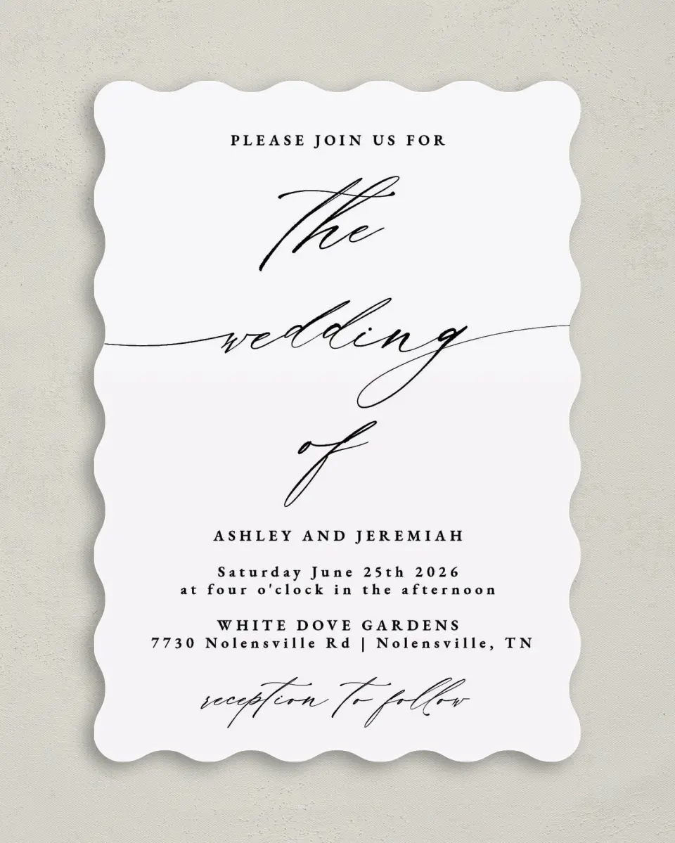 This is a 5" x 7" Wavy Wedding Invitation called Simple Drama printed in full color on Premium Smooth paper