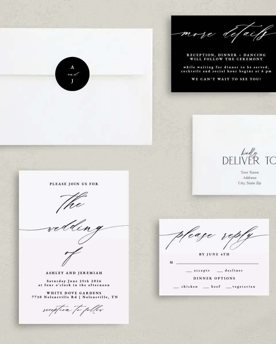 This is a 5" x 7" Classic Wedding Invitation called Simple Drama printed in full color on Premium Smooth paper
