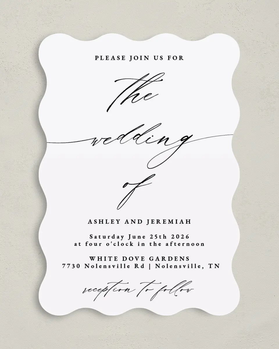 This is a 5" x 7" Wavy Wedding Invitation called Simple Drama printed in full color on Premium Smooth paper