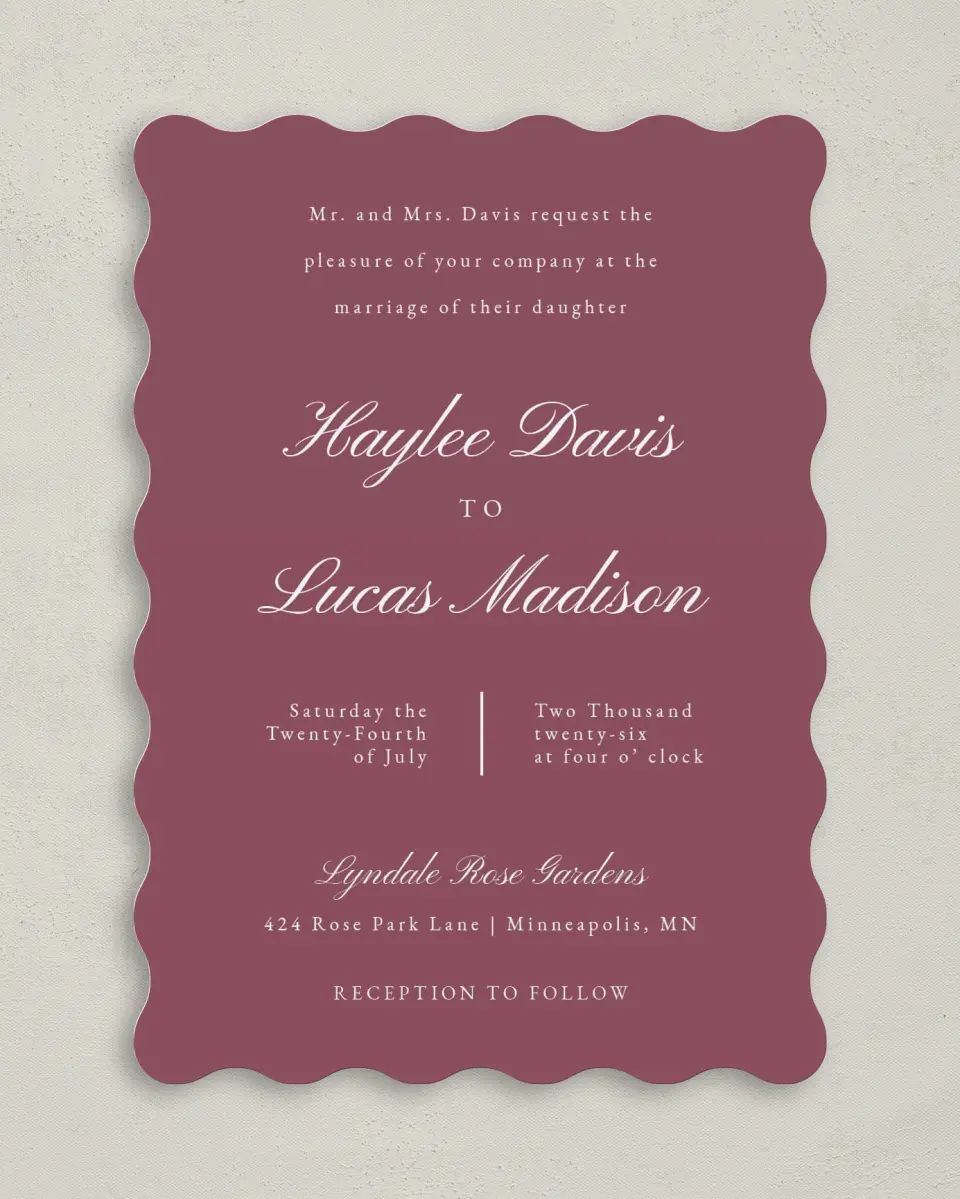 This is a 5" x 7" Wavy Wedding Invitation called Quietly Quaint printed in full color on Premium Smooth paper