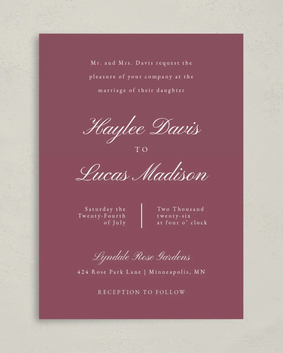 This is a 5" x 7" Classic Wedding Invitation called Quietly Quaint printed in full color on Premium Smooth paper