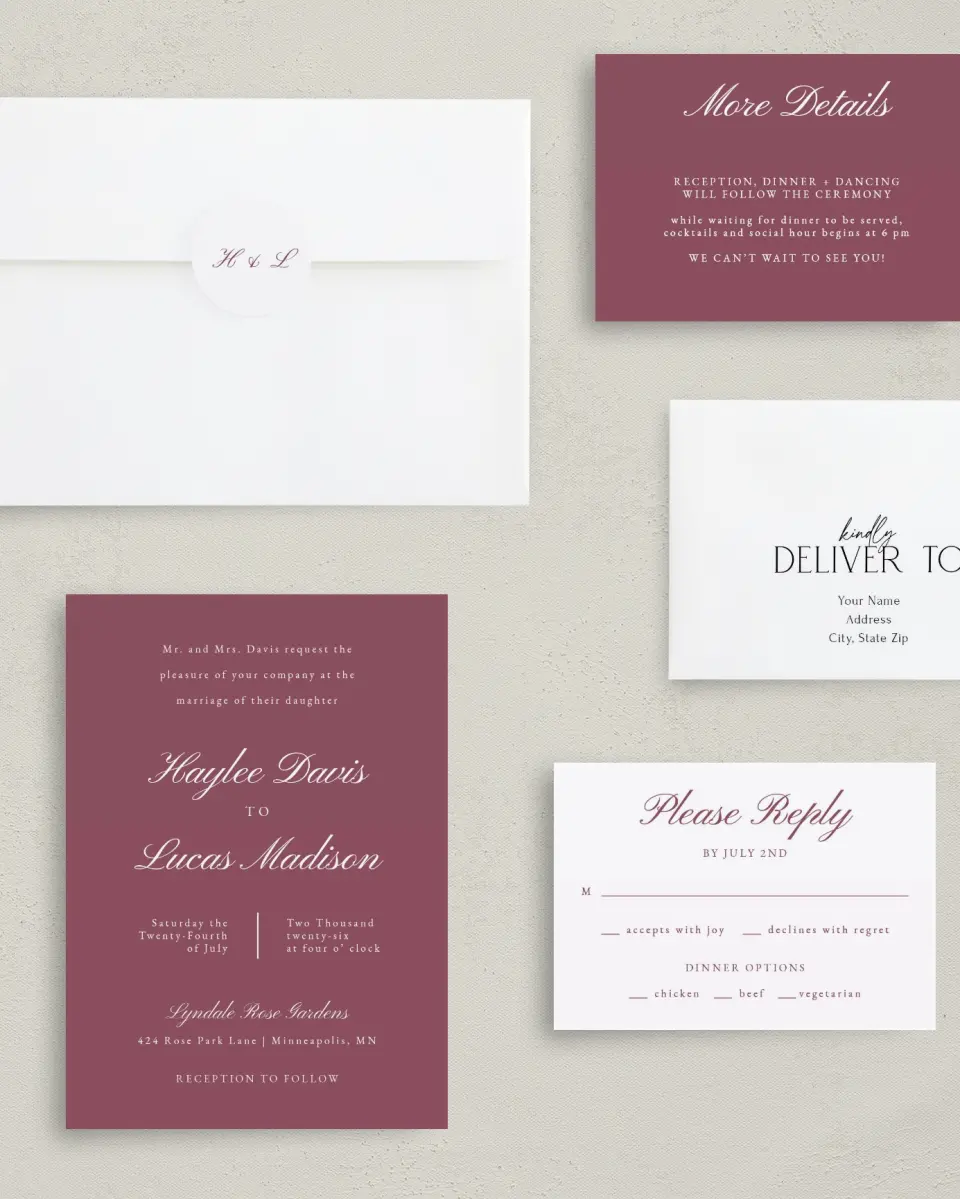 This is a 5" x 7" Classic Wedding Invitation called Quietly Quaint printed in full color with Rose Gold foil on Luxe Satin (coated) paper