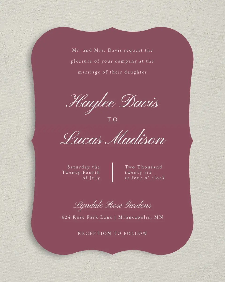 This is a 5" x 7" Bracket Wedding Invitation called Quietly Quaint printed in full color on Premium Smooth paper