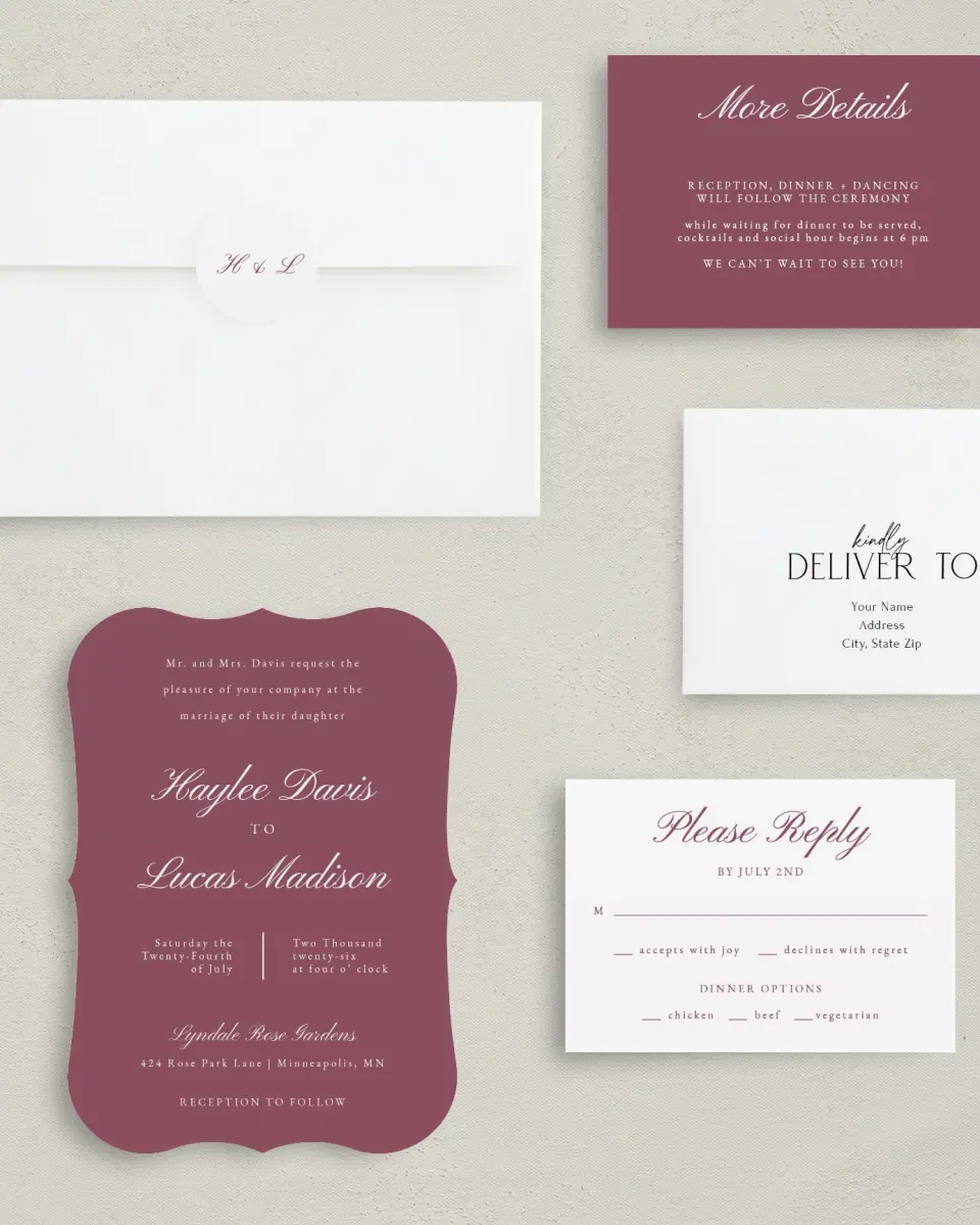 This is a 5" x 7" Bracket Wedding Invitation called Quietly Quaint printed in full color with Silver foil on Luxe Satin (coated) paper