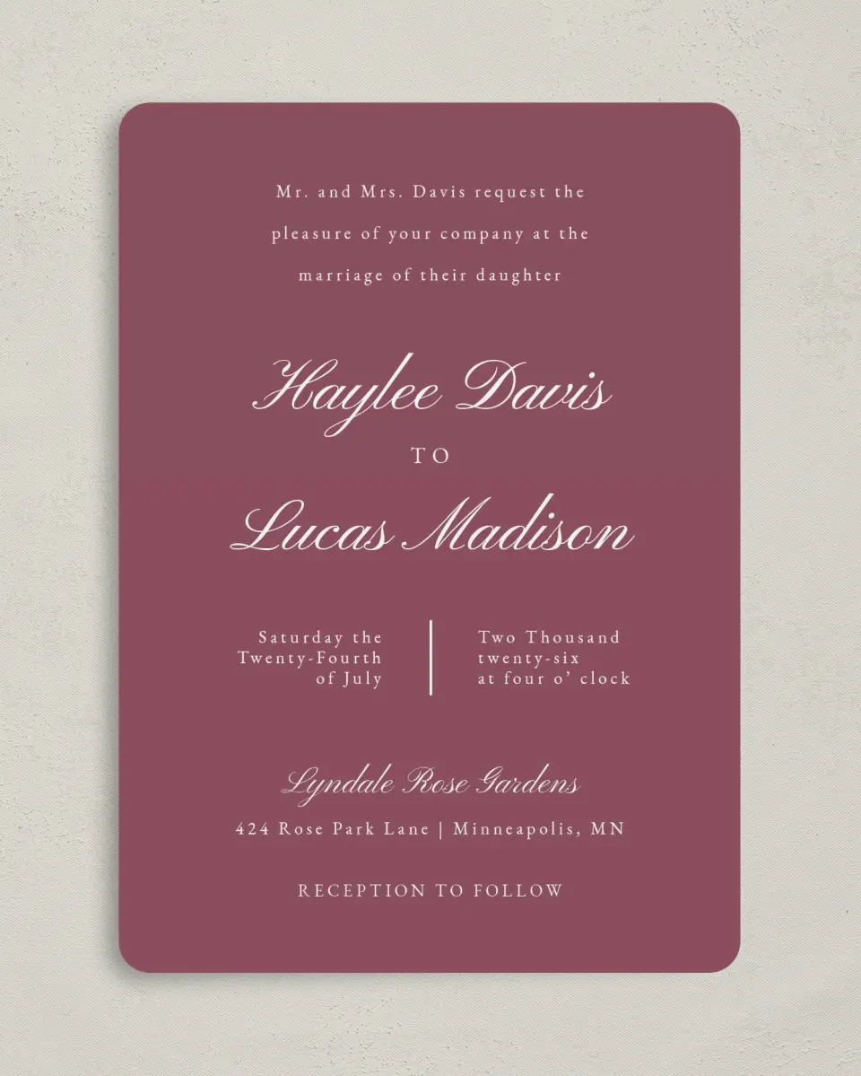This is a 5" x 7" Rounded Wedding Invitation called Quietly Quaint printed in full color on Premium Smooth paper