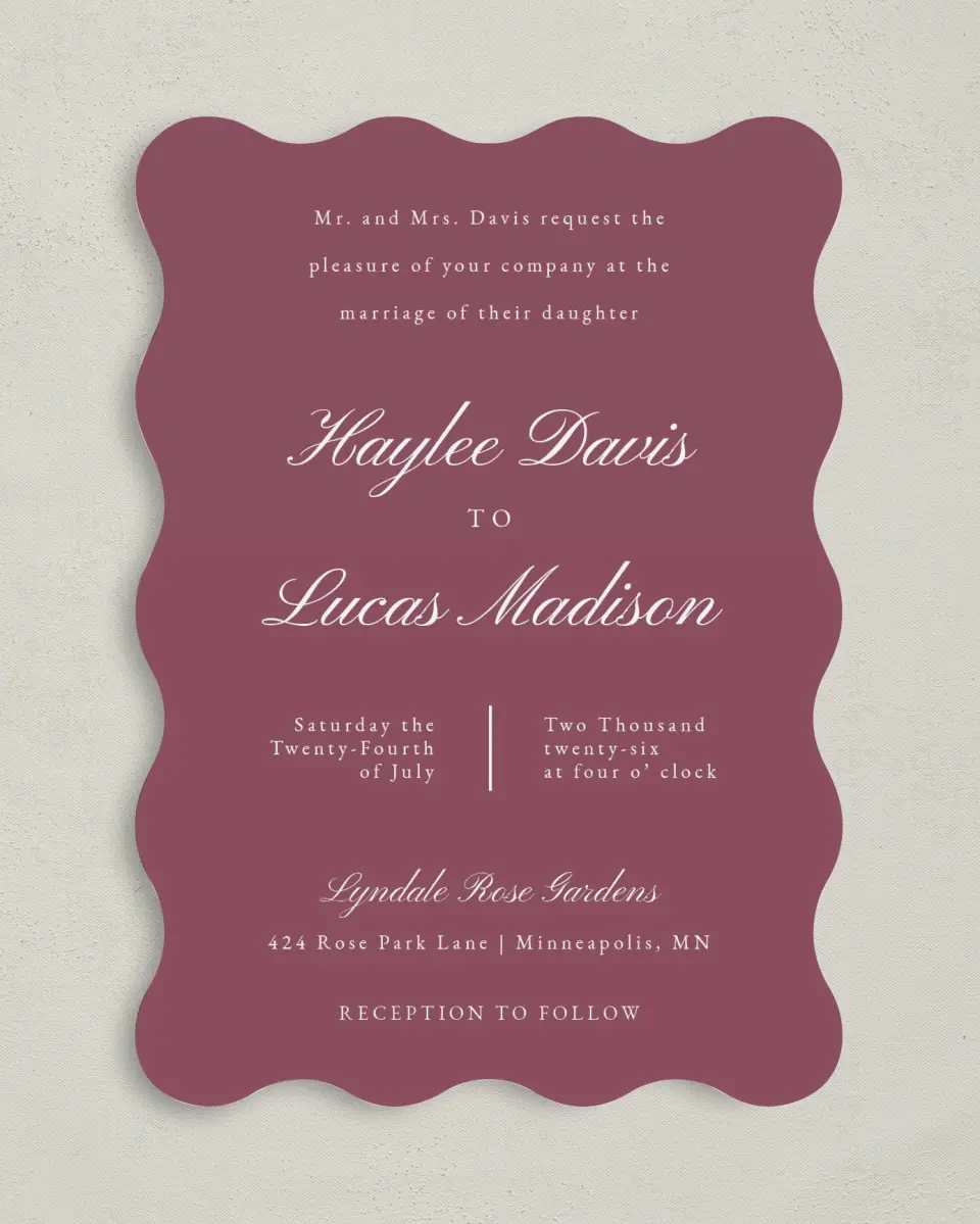 This is a 5" x 7" Wavy Wedding Invitation called Quietly Quaint printed in full color on Premium Smooth paper