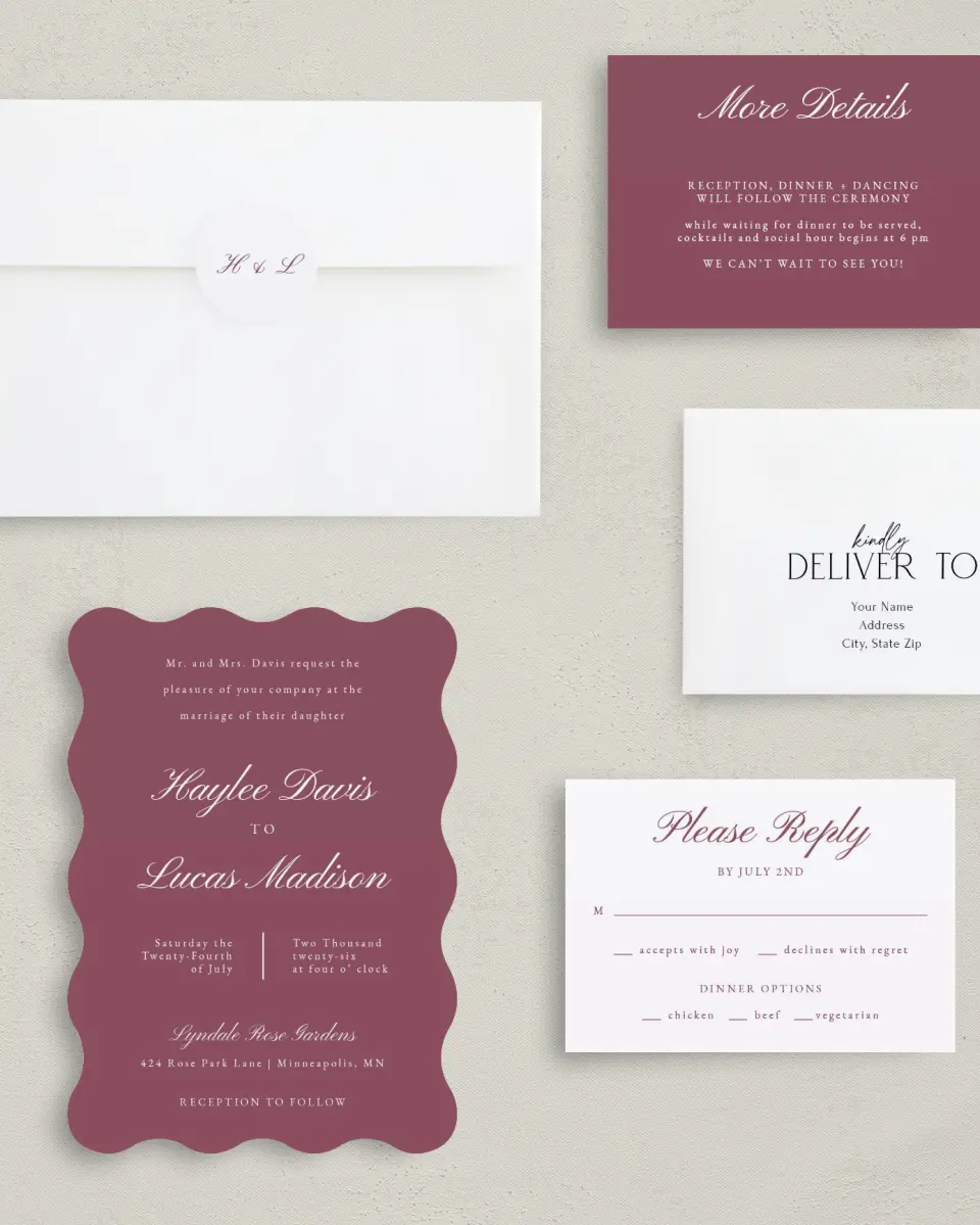 This is a 5" x 7" Wavy Wedding Invitation called Quietly Quaint printed in full color with Silver foil on Luxe Satin (coated) paper